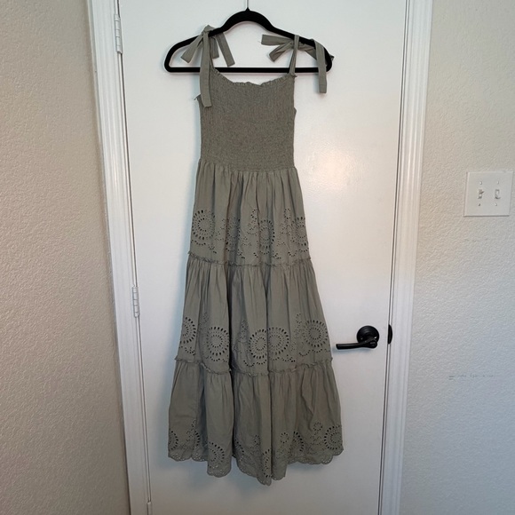 Zara Dresses & Skirts - ZARA Sage Green Eyelet Maxi Dress Smocked Tie Shoulder Boho Cottagecore M